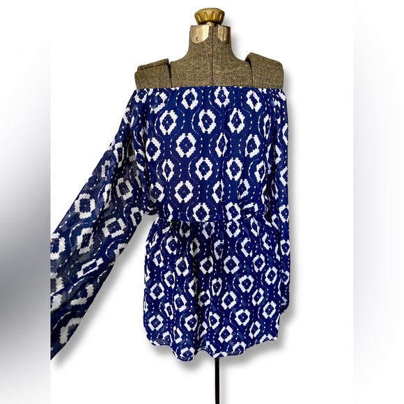 Show Me Your Mumu Off The Shoulder Mini Dress Long Sleeve Blue Boho Sheer Size M - Picture 1 of 6